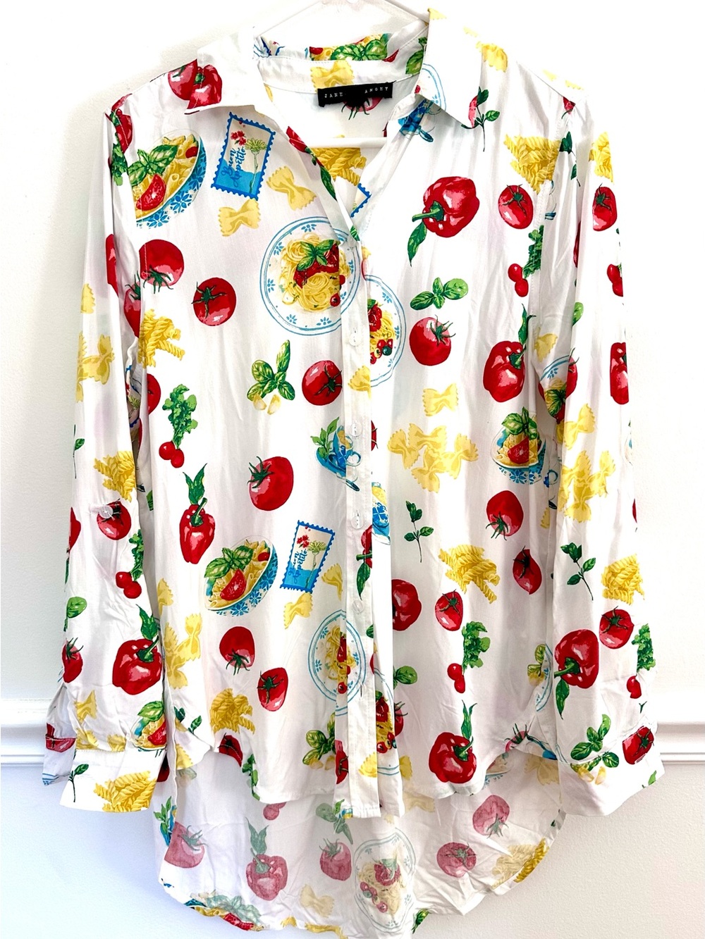Jane + Delancey Pasta Print Button Down Shirt Quirky Novelty Print Small